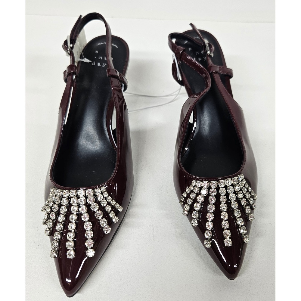 A New Day Womens Burgundy Patent Rhinestone Fringe Slingback Heels Size 6.5
